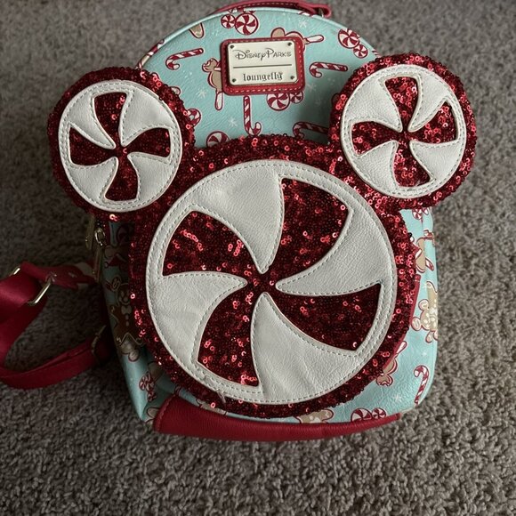 2022 Disney Parks Christmas Holiday Peppermint Candy Cane Loungefly Backpack Bag - Picture 8 of 14